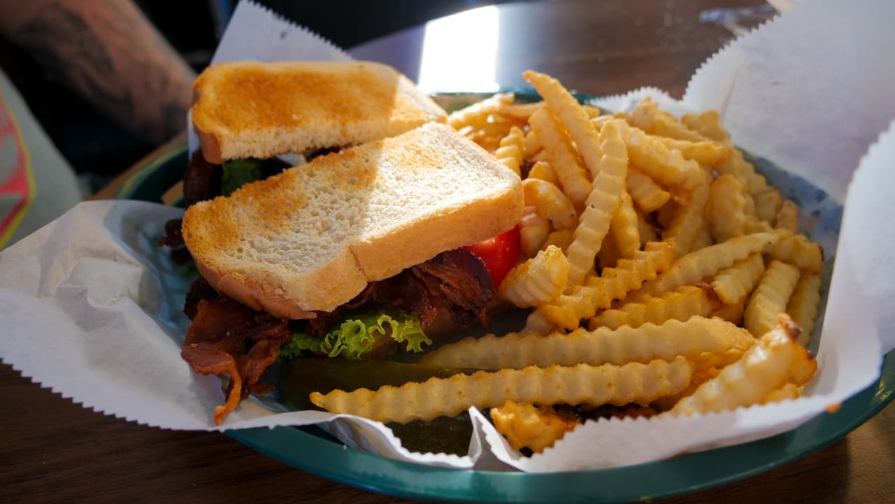 Patty melt on toasted bread with crinkle-cut fries